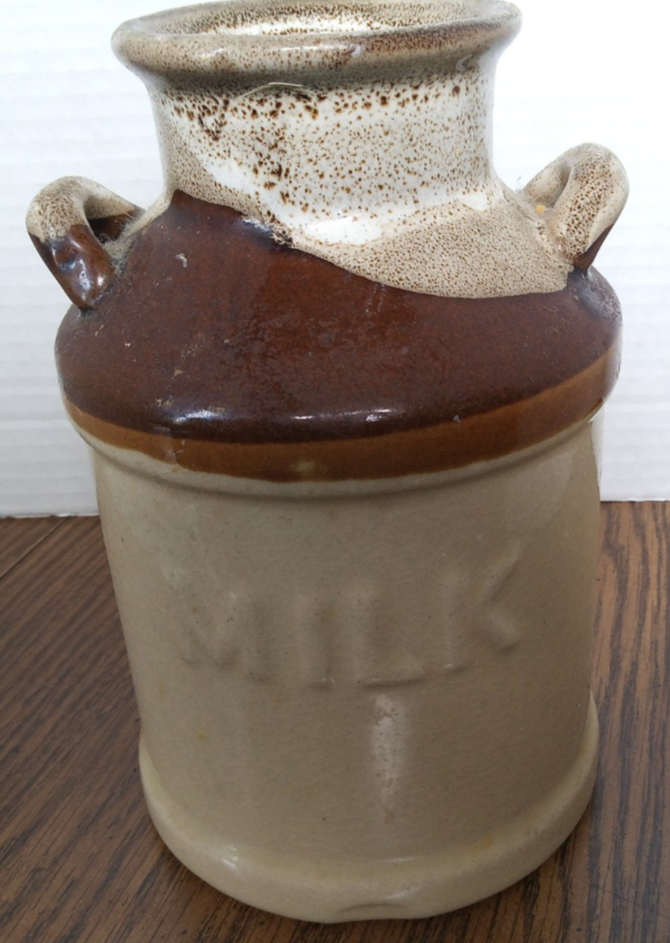 7 1/2 Inch Ceramic Brown And Tan Two Handled Milk Jug